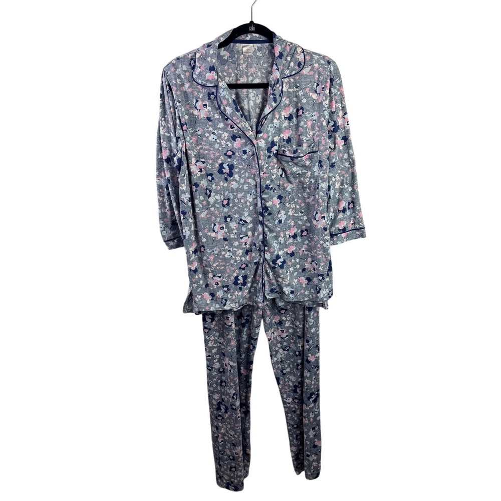 New Directions PJ Set 3/4 Sleeve Button Up & Pants Gray Floral Soft Large
